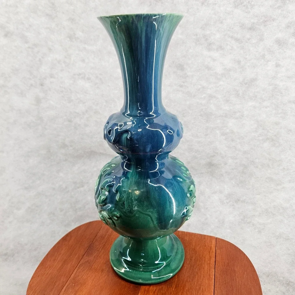 Haeger USA Green Teal Blue Ceramic‎ Vase Raised Floral Tree Design 15